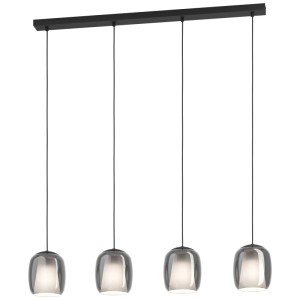 Moderna lampada a sospensione Eglo Ciampino con 4 paralumi in vetro grigio e telaio in acciaio nero.