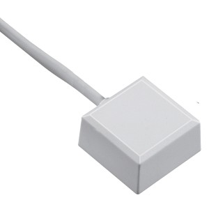 Weißer Abus Glasbruchmelder GBM7300 für Alarmanlagen, Nahaufnahme.