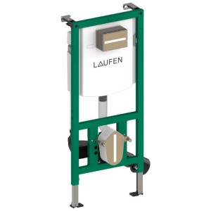 Élément d'installation Laufen Ineo avec cadre en acier vert et réservoir encastré blanc pour WC suspendus.