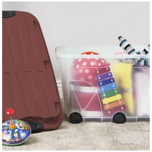 Lot de 2 boîtes de rangement Rotho Roller6, rouge-transparent, 57 l, avec roulettes et jouets.