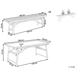 Schéma : Ensemble de jardin Beliani Tindari, 3 pièces, bois de bambou, marron clair, avec les dimensions de la table et des bancs.