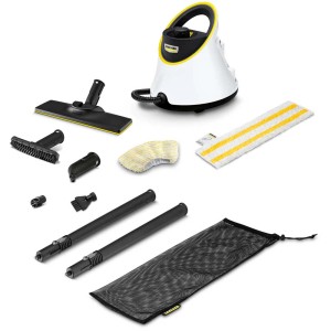 Nettoyeur vapeur Kärcher SC 2 Deluxe avec accessoires : buse de sol, brosses, tubes de rallonge et sac d'accessoires.