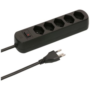 Multiprise noire Basic Line avec 5 prises, interrupteur et sécurité enfant.