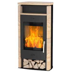 Poêle Fireplace Santiago, 6 kW, habillage en grès, avec bûches dans le compartiment inférieur.
