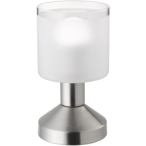 Lampe de chevet moderne Gral en nickel mat avec abat-jour en verre blanc.