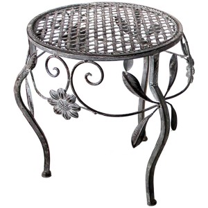 Sgabello per piante rotondo in ferro grigio antico con decoro floreale, altezza 37 cm.