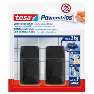 Tesa Powerstrips crochets adhésifs L, carrés, noirs, 2 pièces, pour une fixation sans trace jusqu'à 2 kg.