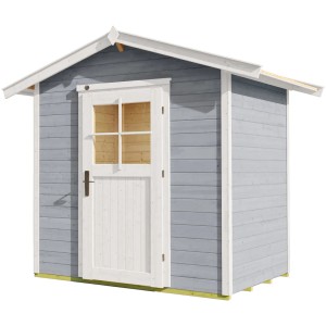 Abri de jardin en bois OBI Monza, lasuré, avec toit à deux pentes. Cabanon gris et blanc avec porte.