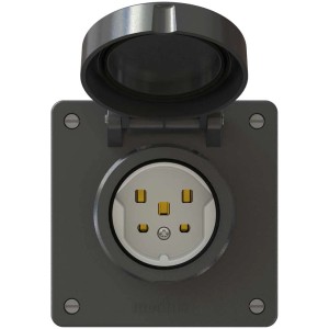 Presa a muro nera Exo Tipo25 IP55 con coperchio a cerniera aperto.