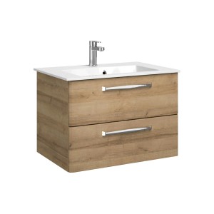 Meuble sous-vasque Pelipal Quantum Kompakt, décor chêne Riviera avec 2 tiroirs et poignées chromées.