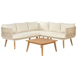 Salon d'angle Beliani Alcamo en acacia beige clair avec table pour jardin ou terrasse.