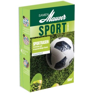 Emballage de graines de gazon sport 1 kg avec ballon de foot et chaussure de gazon sur l'herbe.