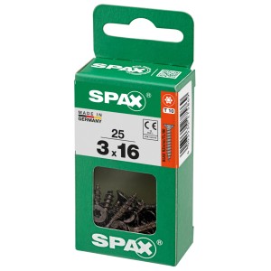 Viti universali Spax 3x16 mm, zincate nere, 25 pezzi in scatola verde.