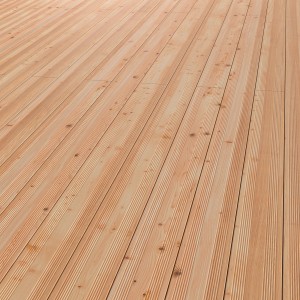 Terrassendielen aus Douglasie, geriffelte Oberfläche, natürliche Holzfarbe.