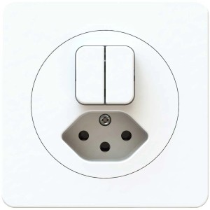 Combinazione di prese a incasso bianca con doppio interruttore a bilanciere per scatole a muro.