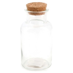 Bottiglia in vetro trasparente Orion con tappo di sughero, altezza 13,5 cm. Vaso decorativo per fiori e rami.