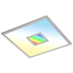 Quadratische, silberfarbene LED Deckenleuchte mit RGB-Farbwechsel im Zentrum.