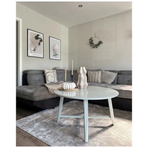 Salon lumineux avec tapis à poils courts gris Gesi II (160x230 cm) et canapé.