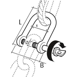 Technisches Diagramm eines geraden Conacord Stahlschäkels (Ø 6 mm, 40 mm) mit Maßen und Drehrichtung des Bolzens.