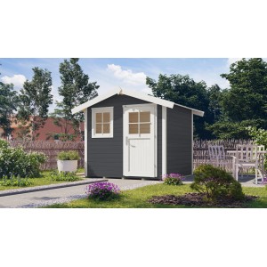 Abri de jardin anthracite avec toit à deux pentes, porte et fenêtre en bois dans le jardin.