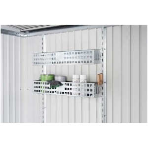 Cesti per scaffali Biohort (2 pz.) nella casetta da giardino, per riporre attrezzi e accessori da giardino.