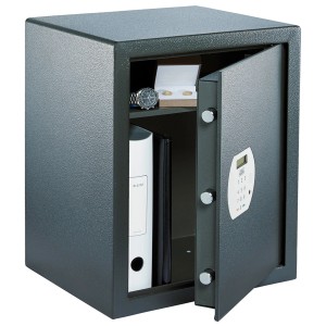 Cassaforte per mobili Burg-Wächter PS 140 E con porta aperta, all'interno cartelle, orologio e gioielli.