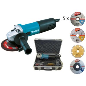Makita Winkelschleifer-Set mit Scheiben, im Alu-Koffer. Kompakte Schleifmaschine, blau-schwarz.