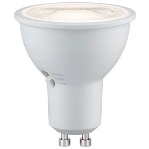 Paulmann GU10 LED-Reflektor signalweiss mit DipSwitch für 3 Lichtfarben (2700K, 3000K, 4000K).