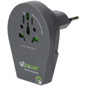 Grauer Welt-Adapter für CH/IT/BRA mit USB-Stecker, 10A/250V. Reiseadapter für verschiedene Steckertypen.