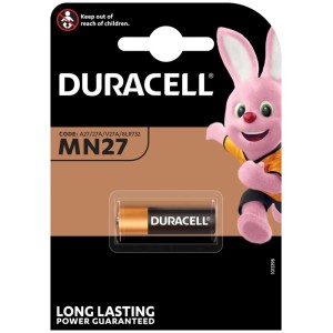 Batteria alcalina Duracell MN27 12V per telecomandi e sistemi di sicurezza.