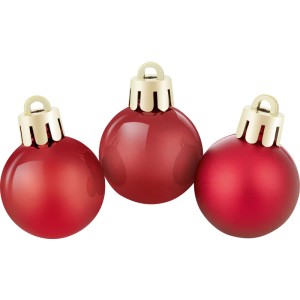 Drei burgunderrote 3cm Kunststoff-Weihnachtskugeln, glänzend und matt, mit goldfarbenen Kappen.