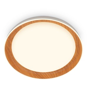 Plafonnier LED Briloner aspect bois avec bord lumineux, 24W, blanc chaud.