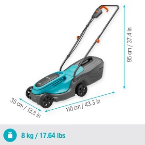Gardena PowerMax 30/18V tagliaerba a batteria, blu-grigio, con dimensioni. Tosaerba compatto per piccoli giardini.