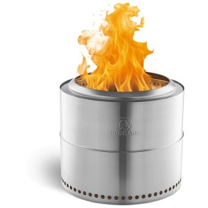 Burnhard Feuerschale aus Edelstahl, Ø 50 cm, mit Flammen und Ascheschale.