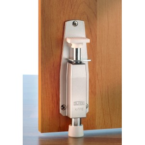 Butoir de porte Burg-Wächter TF 2 SB aspect inox monté sur une porte en bois.