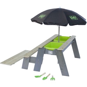 EXIT Aksent tavolo da sabbia, acqua e picnic con parasole e attrezzi da giardino.