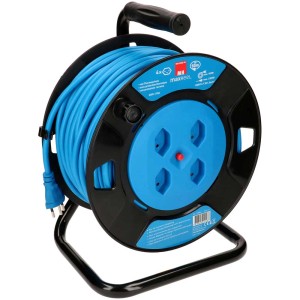 Enrouleur de câble bleu avec 50 m de câble, 4 prises et cadre en métal noir.