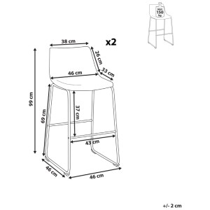 Schéma coté du lot de 2 tabourets de bar Beliani Franks, tissu beige, structure en métal.