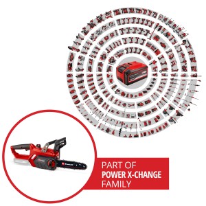 Tronçonneuse à batterie Einhell Power X-Change GE-LC 18/25 Li Solo avec batterie Power X-Change et outils de la famille.
