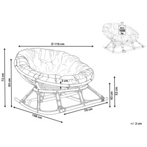Skizze: Beliani Schaukelsessel Orvieto, Rattan naturfarben, mit Maßen. Polsterstuhl mit Schaukelfunktion.