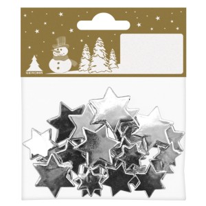 24 étoiles en plastique argentées en 3 tailles pour décorations de Noël et bricolage, en sachet.