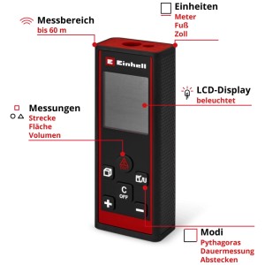 Telemetro laser Einhell TC-LD 60 R: strumento di misura per distanze, aree e volumi fino a 60 m.