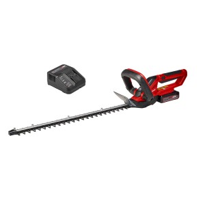 Taille-haie sans fil Einhell GC-CH 1855/1 Li Kit avec batterie et chargeur en rouge et noir.