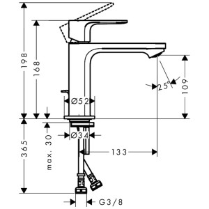 Disegno tecnico: Miscelatore lavabo Hansgrohe Rebris E 110 nero opaco con dimensioni.