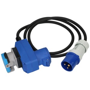 Rallonge CEE maxCamp, 1,5 m, noire, avec fiche CEE16 et prise coudée pour usage extérieur.