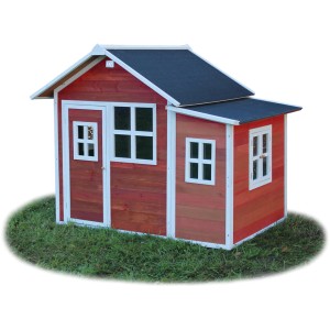 Cabane en bois rouge EXIT Loft 150 avec toit noir et encadrements de fenêtres blancs.