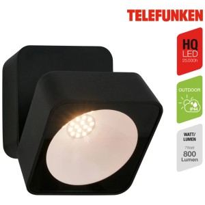 Applique murale extérieure LED Telefunken noire en aluminium, 800 lumens, lumière blanc chaud.