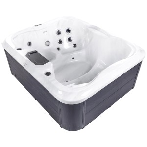 Spa extérieur blanc avec panneaux gris aspect bois. Bain à remous fixe avec jets pour 4 personnes.