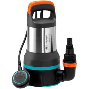 Pompe submersible Gardena 15000 2en1 pour eaux claires et chargées, avec poignée et accessoires.