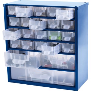Magasin en acier bleu LUX avec 23 tiroirs transparents pour le rangement de petites pièces.